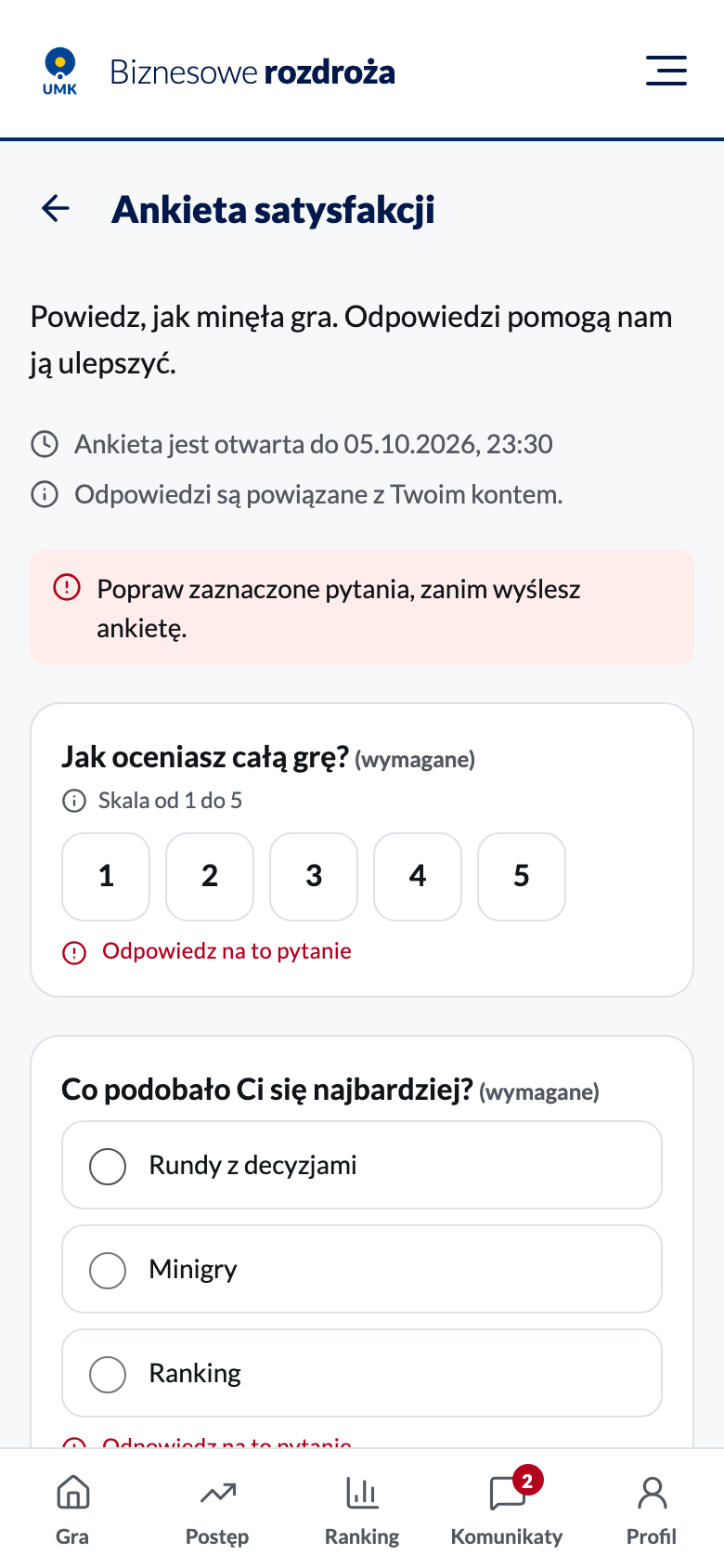Formularz ankiety z błędami przy pytaniach wymaganych