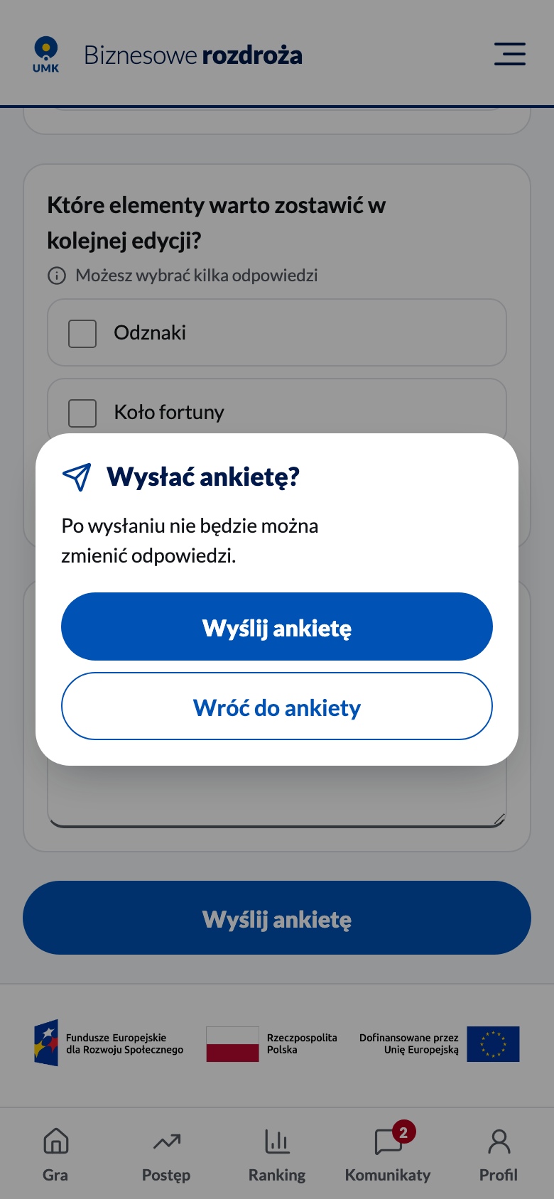 Okno potwierdzenia wysłania ankiety