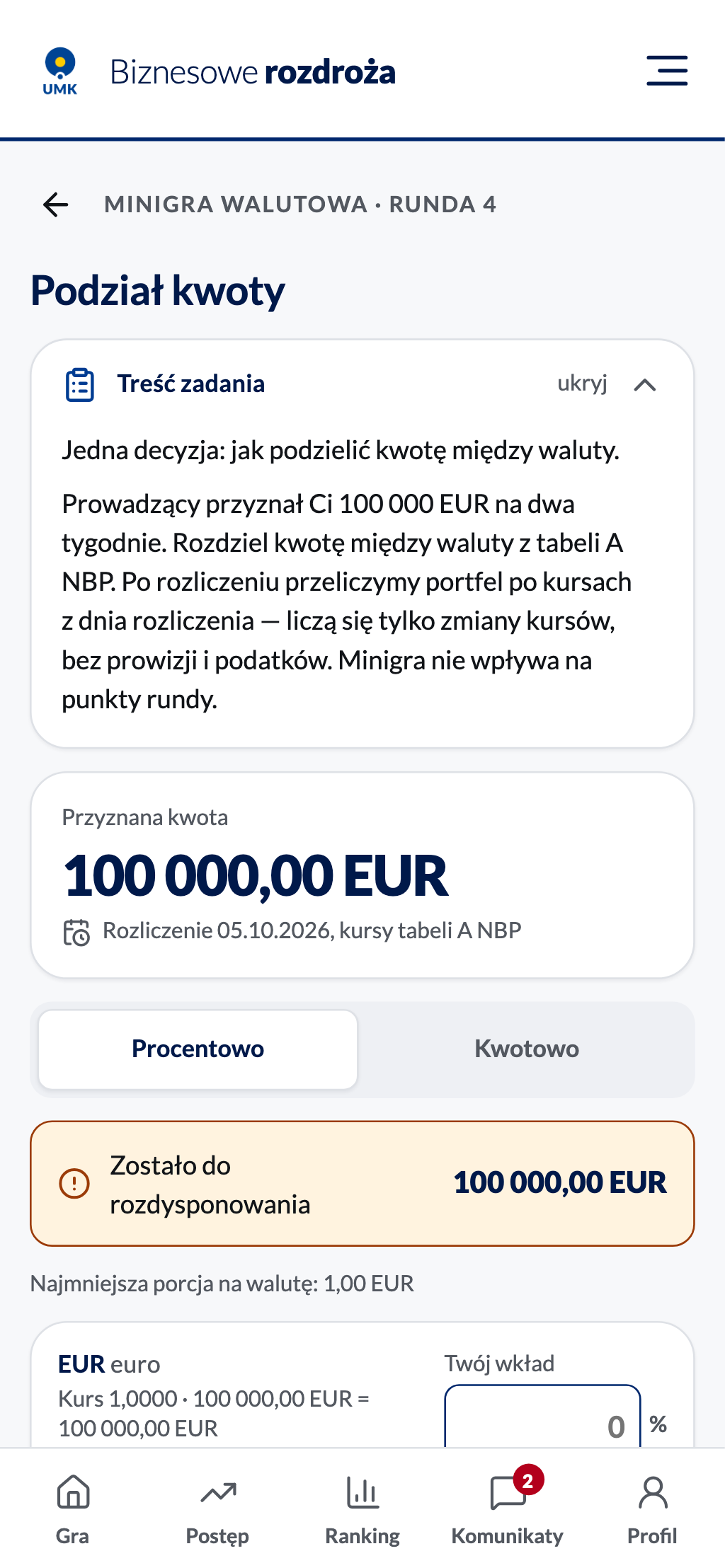 Podział kwoty: treść zadania, przyznana kwota, przełącznik formy podziału