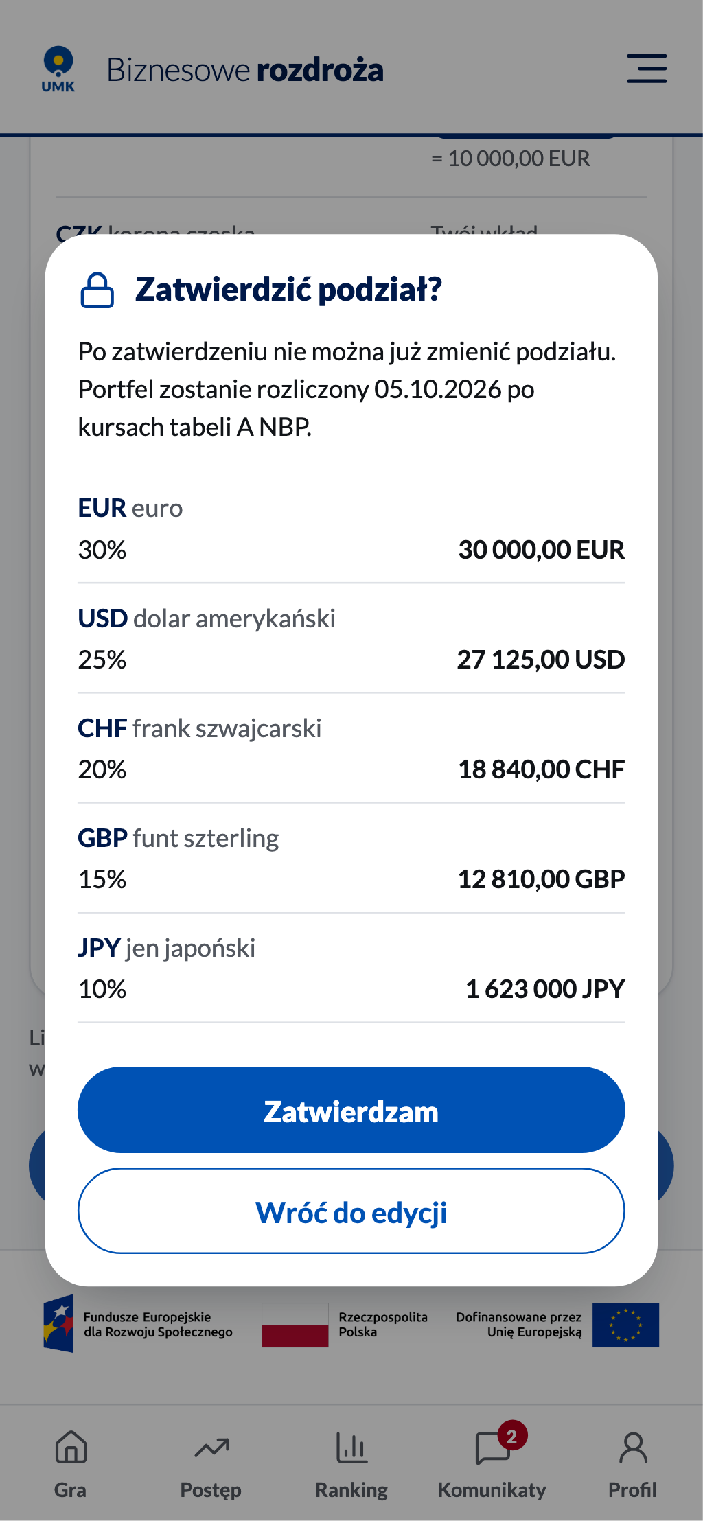 Okno potwierdzenia z podsumowaniem podziału w każdej walucie