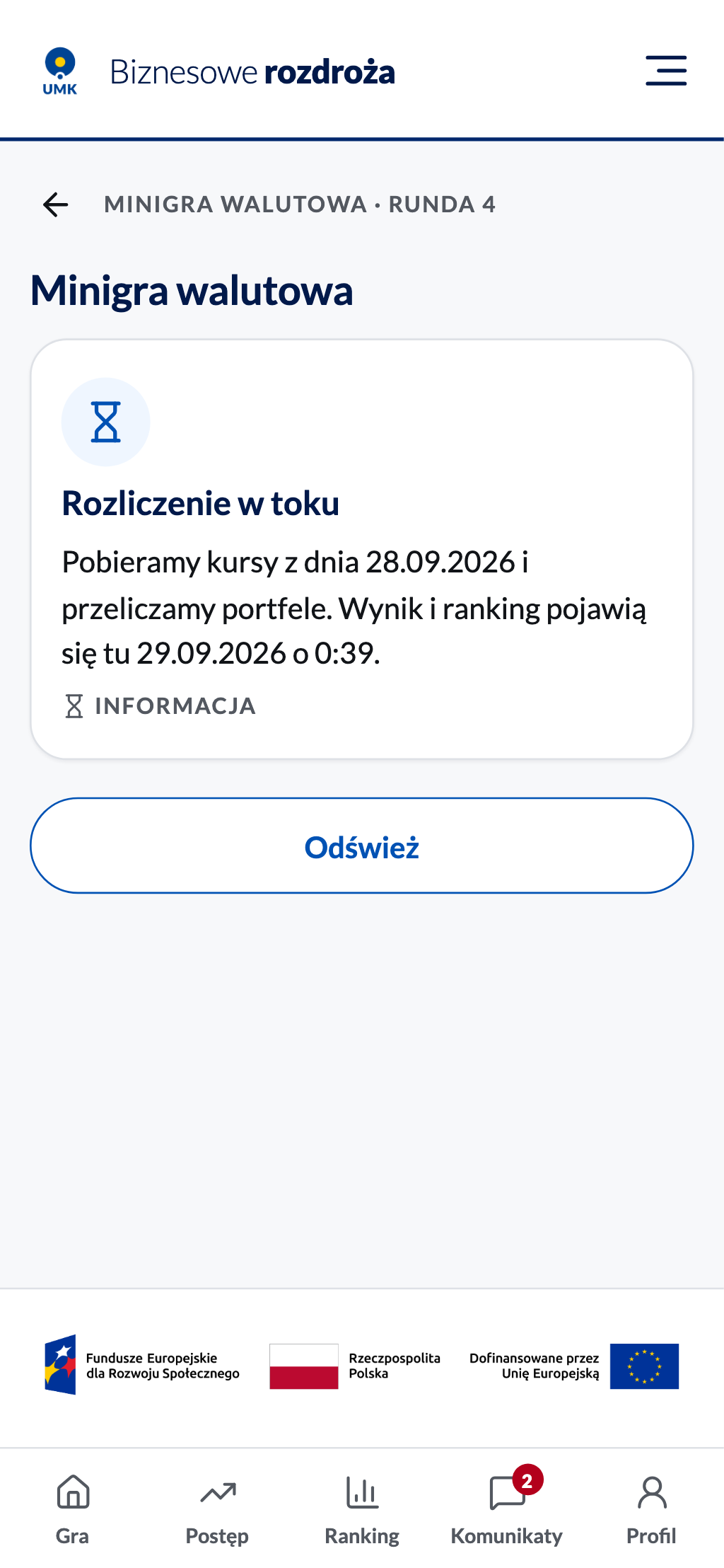 Rozliczenie w toku z przyciskiem Odśwież