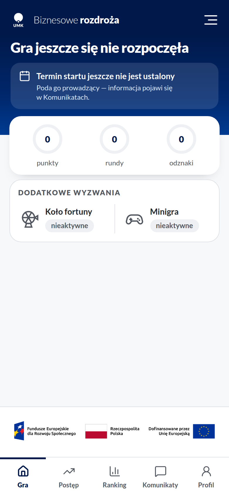 Ekran główny przed startem gry bez ustalonego terminu