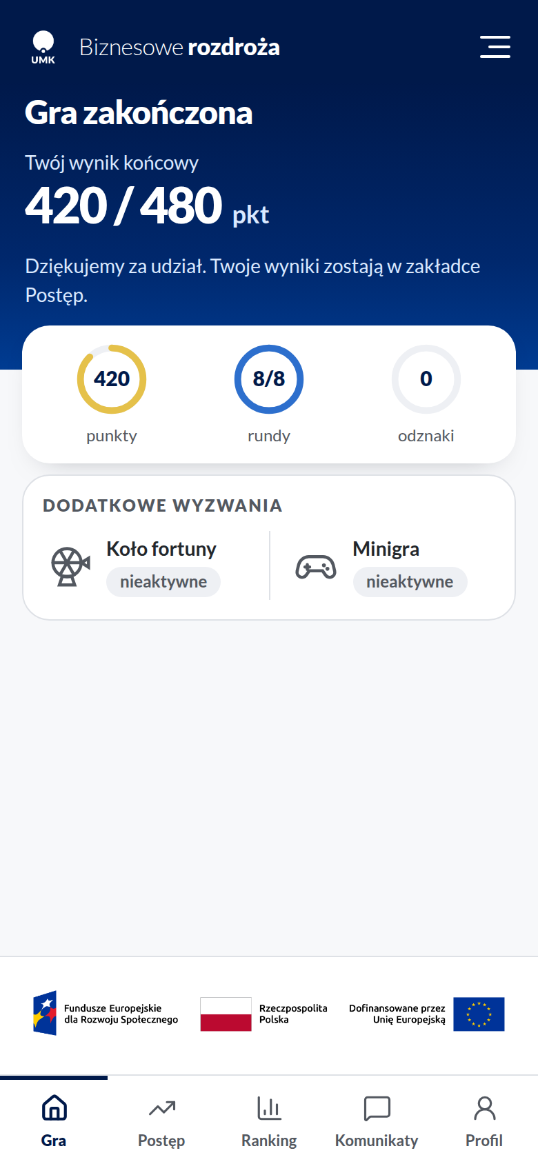 Ekran główny po zakończeniu gry