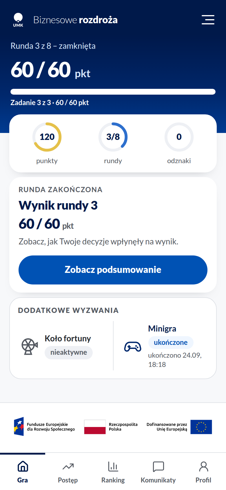 Minigra ukończona, z godziną ukończenia