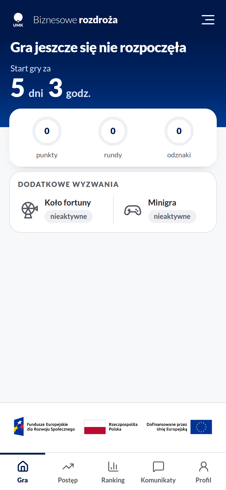 Ekran główny przed startem gry z licznikiem