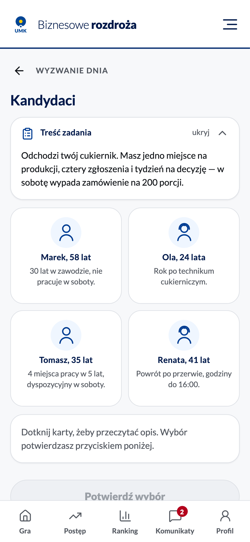 Lista kandydatów z treścią zadania i czterema kartami