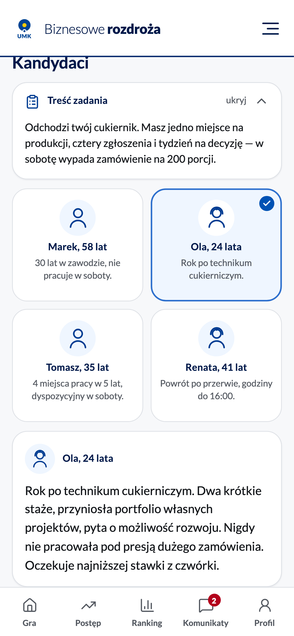 Zaznaczona karta i pełny opis kandydata pod listą