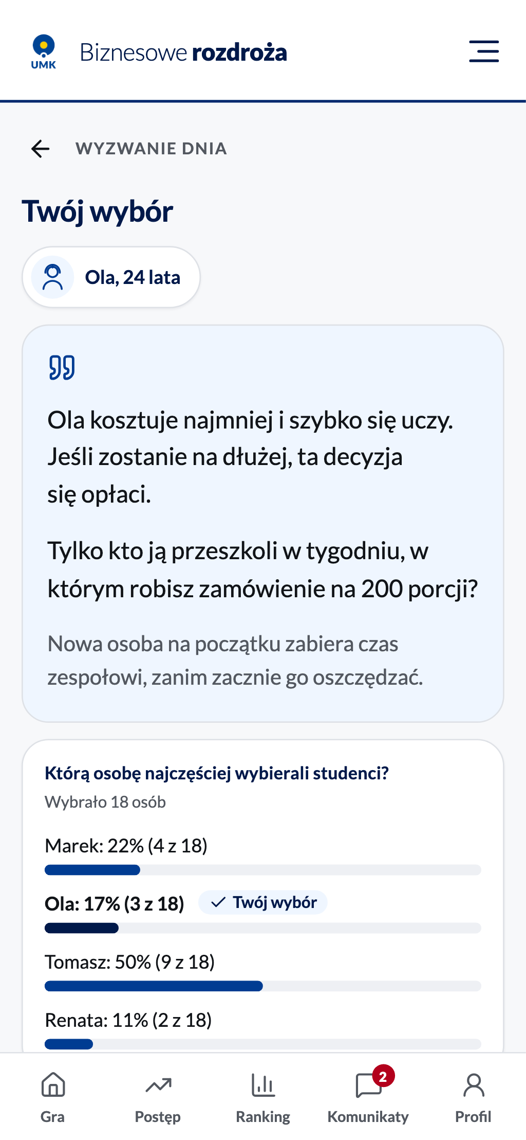 Podsumowanie: wybrana osoba i komentarz do wyboru