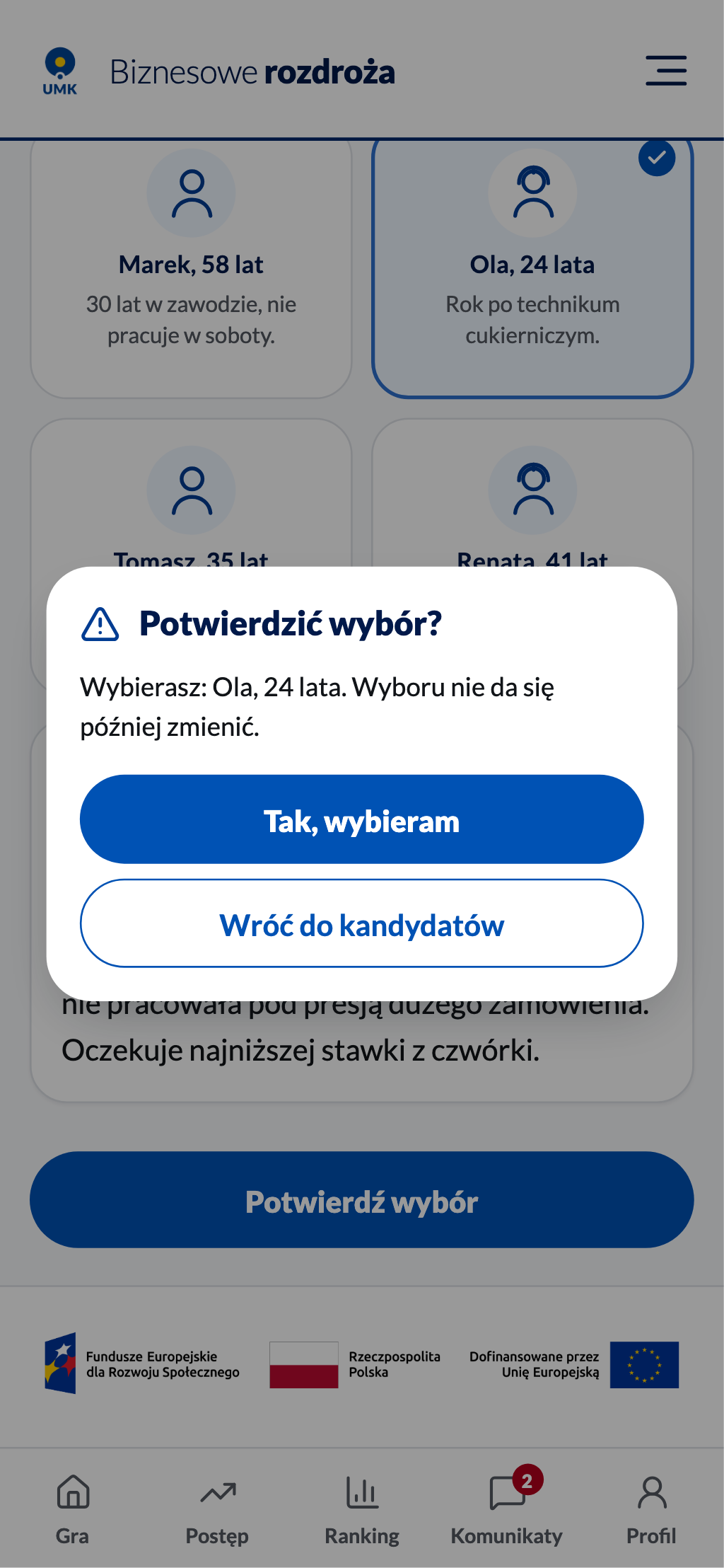 Okno potwierdzenia wyboru z ostrzeżeniem o nieodwracalności