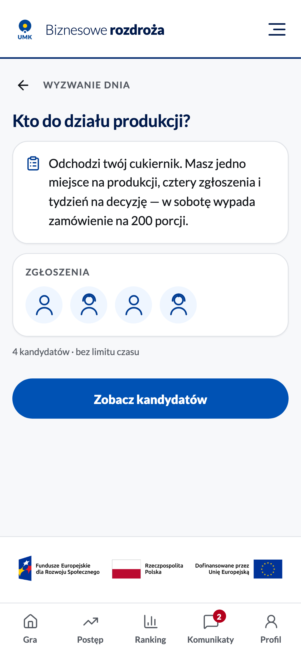 Wstęp minigry: tytuł, treść zadania, sylwetki zgłoszeń