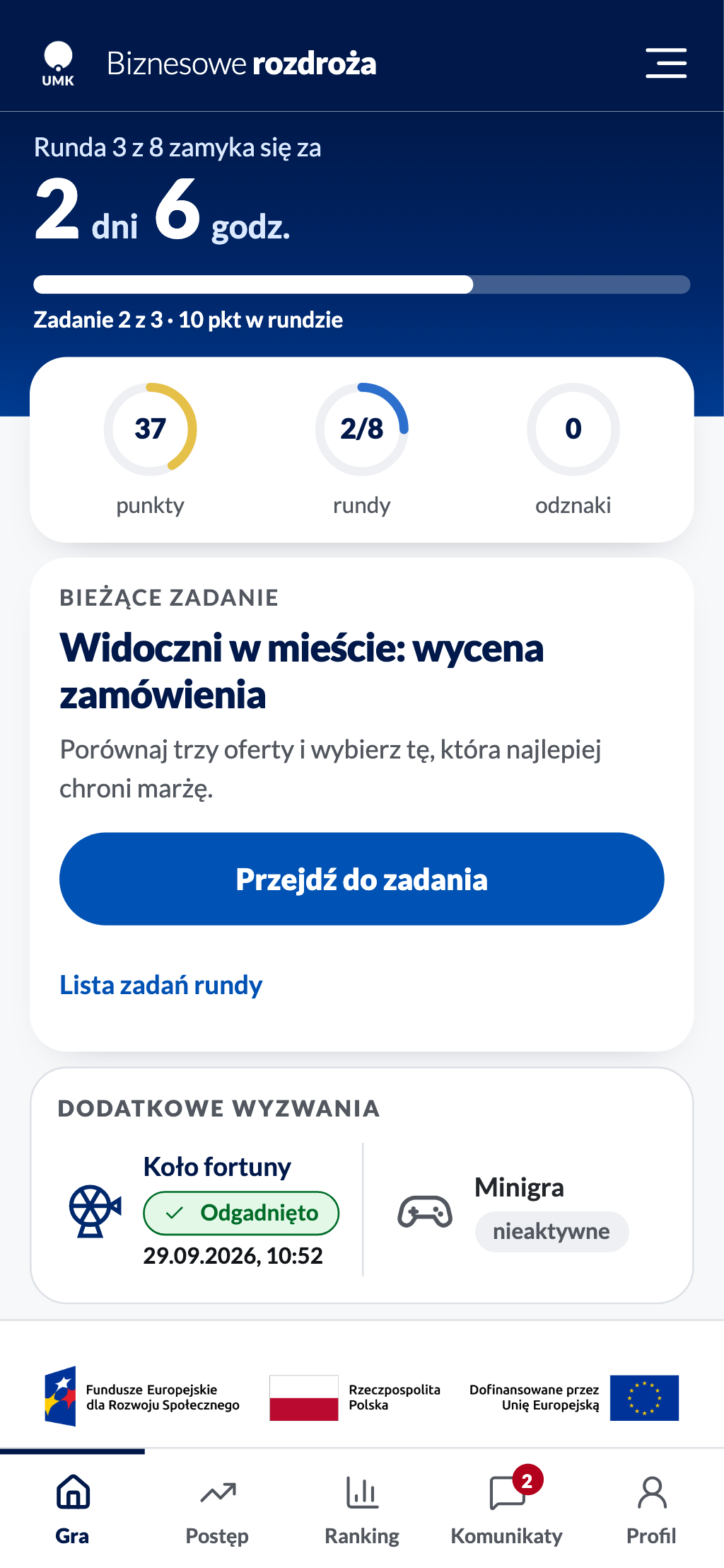Kafel „Koło fortuny” ze stanem „Odgadnięto” i godziną