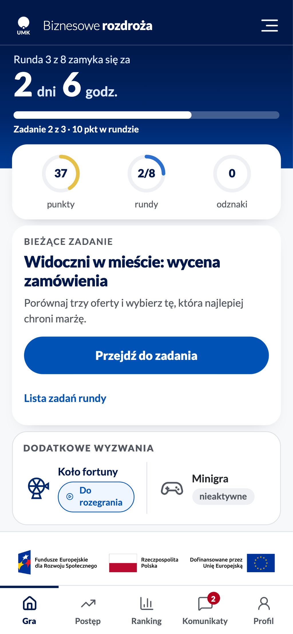 Kafel „Koło fortuny” ze stanem „Do rozegrania”