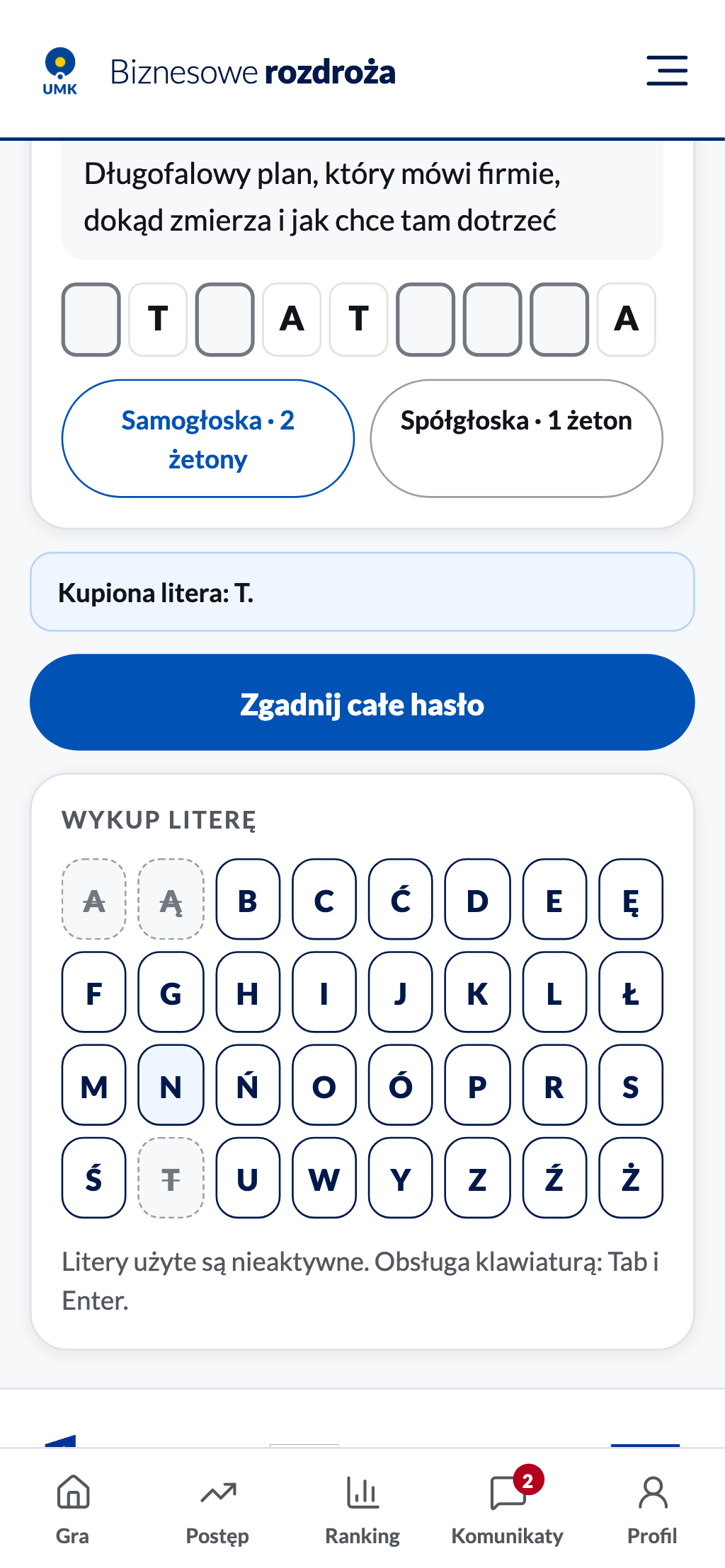 Klawiatura „Wykup literę” z literami użytymi jako nieaktywne