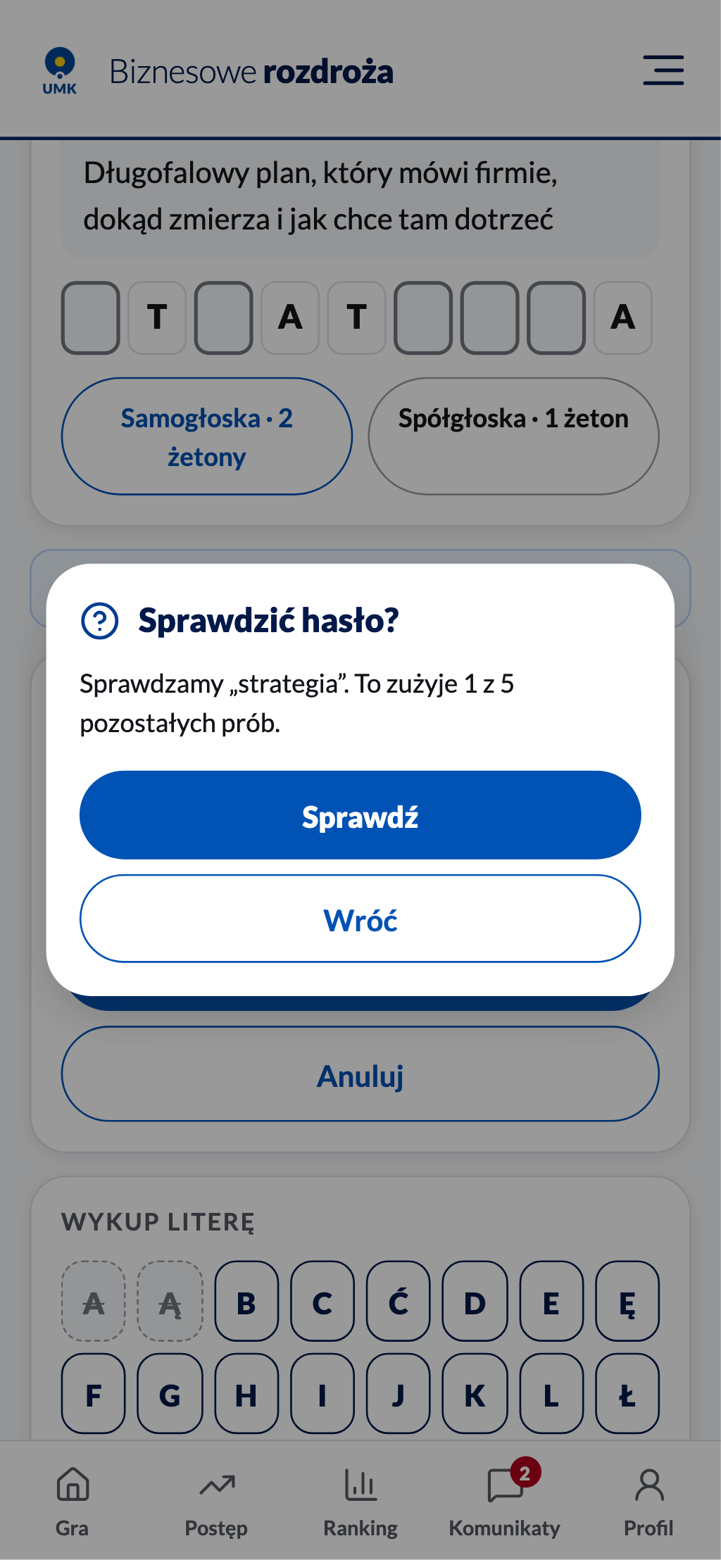Okno potwierdzenia z liczbą pozostałych prób