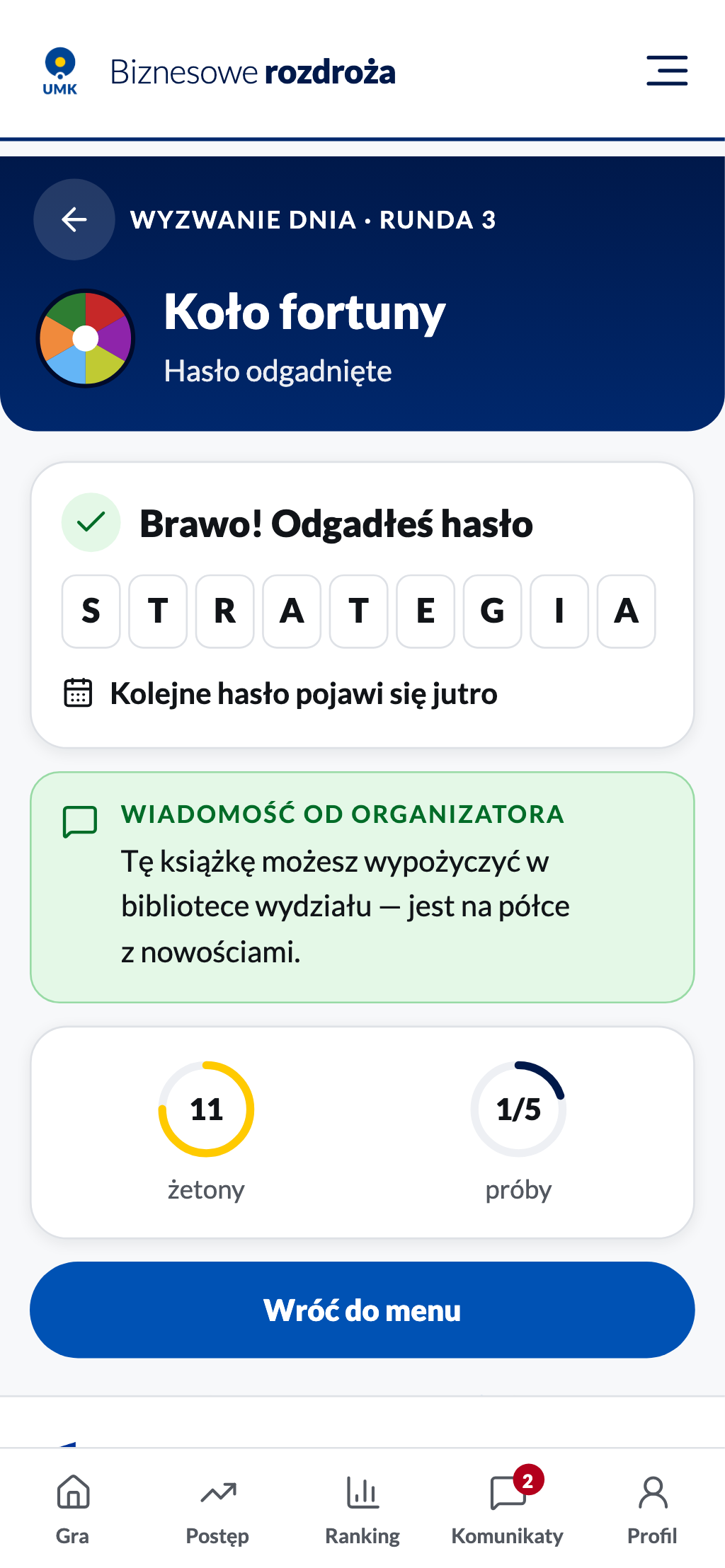 Ekran „Brawo! Odgadłeś hasło” z wiadomością od organizatora