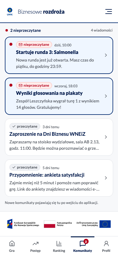 Lista komunikatów z dwoma nieprzeczytanymi