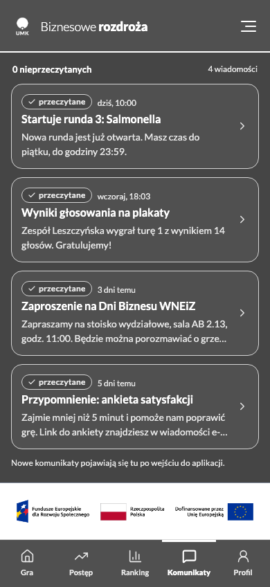 Lista komunikatów w trybie wysokiego kontrastu