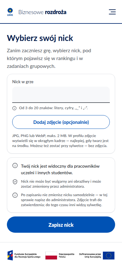 Ekran „Wybierz swój nick"