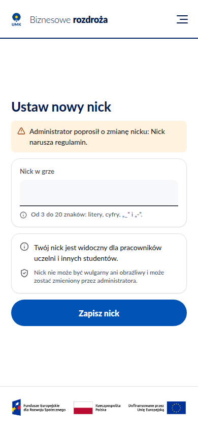 Ekran ustawienia nowego nicku po decyzji administratora
