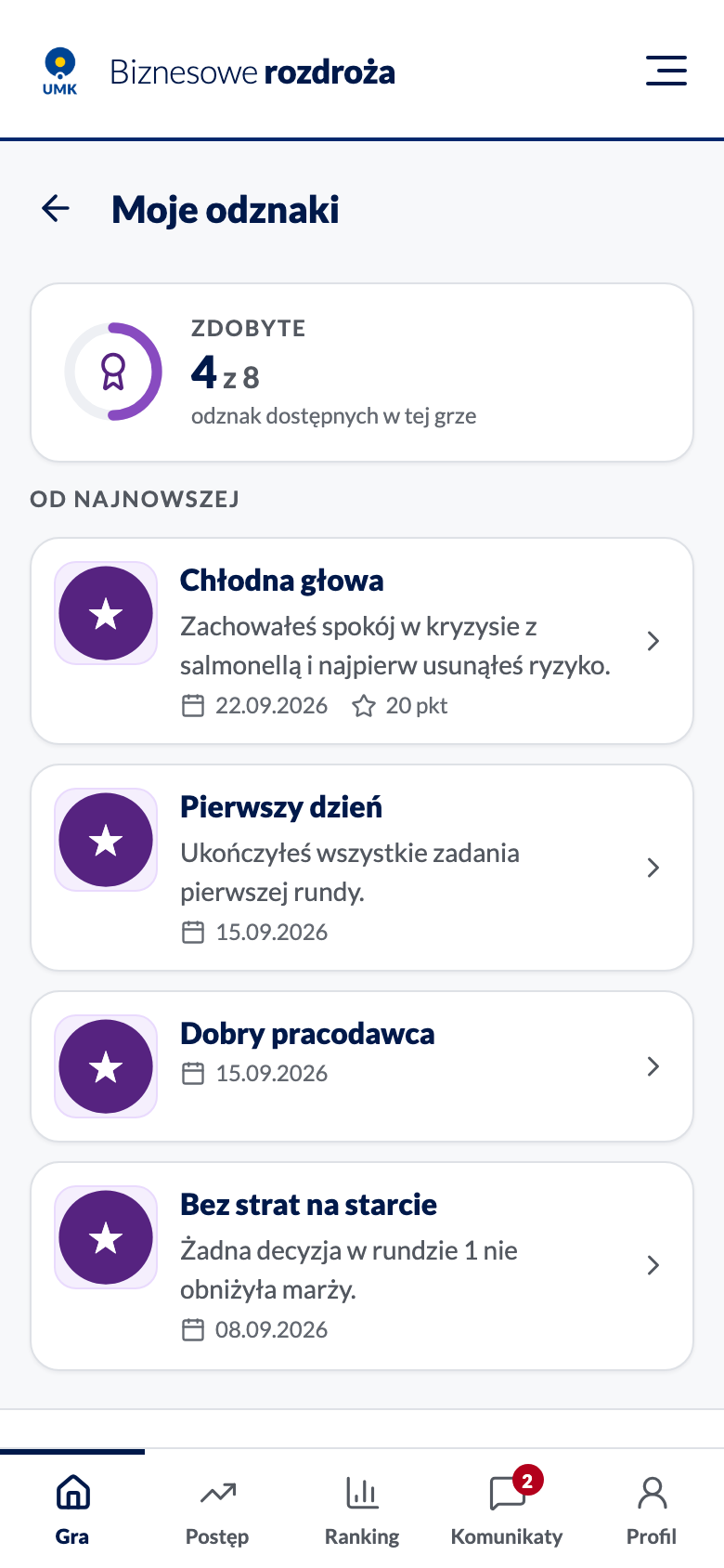 Ekran Moje odznaki z czterema odznakami