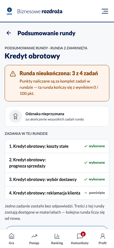 Podsumowanie nieukończonej rundy