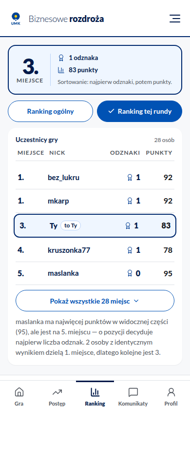 Ranking tej rundy — student na 3. miejscu, bez przerwy w liście