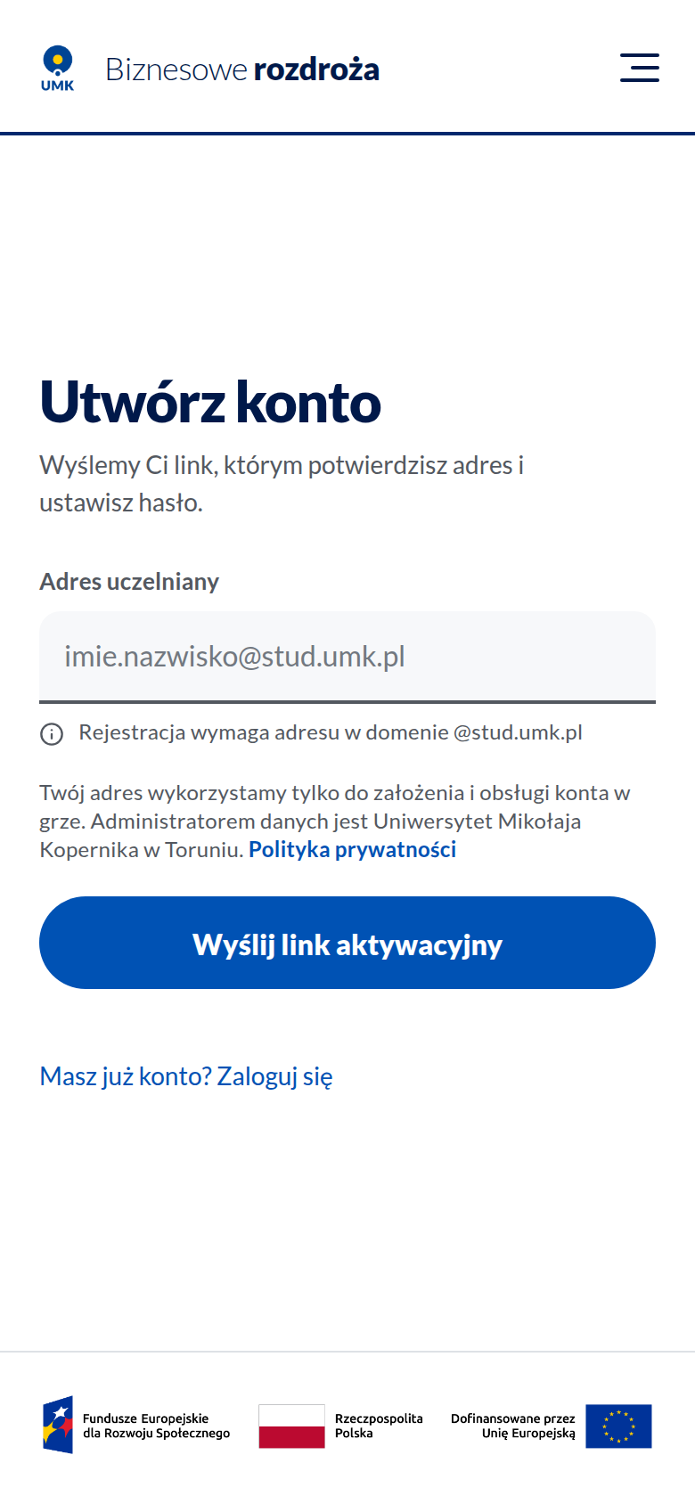 Ekran zakładania konta