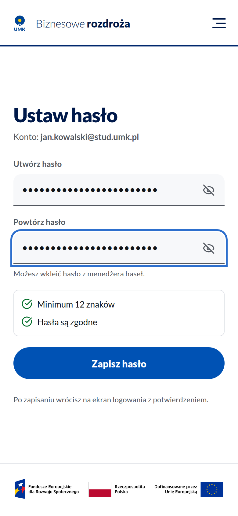 Ekran ustawiania hasła