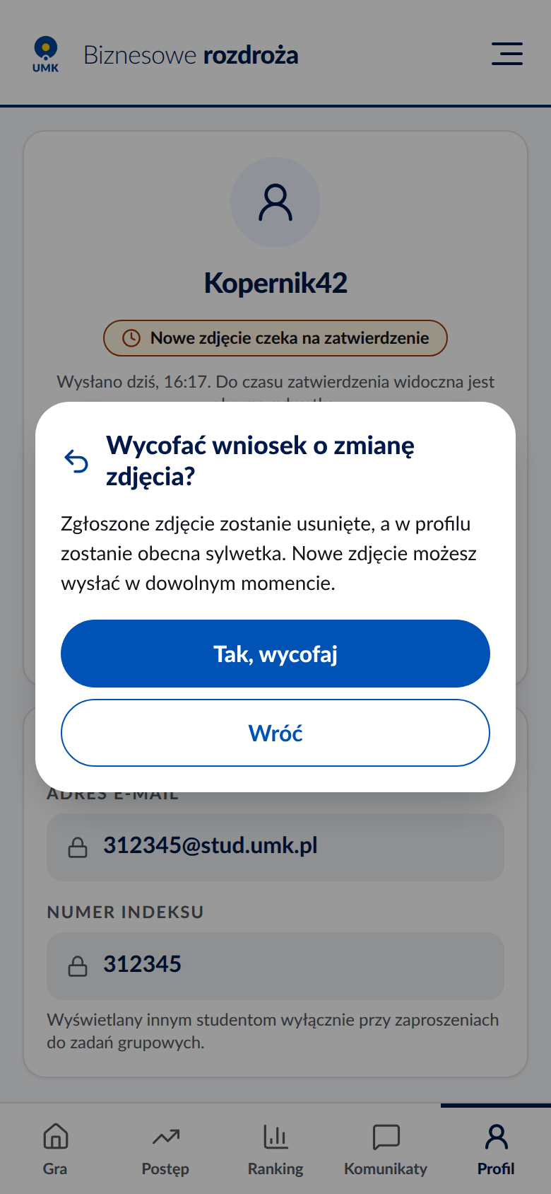 Okno potwierdzenia wycofania wniosku
