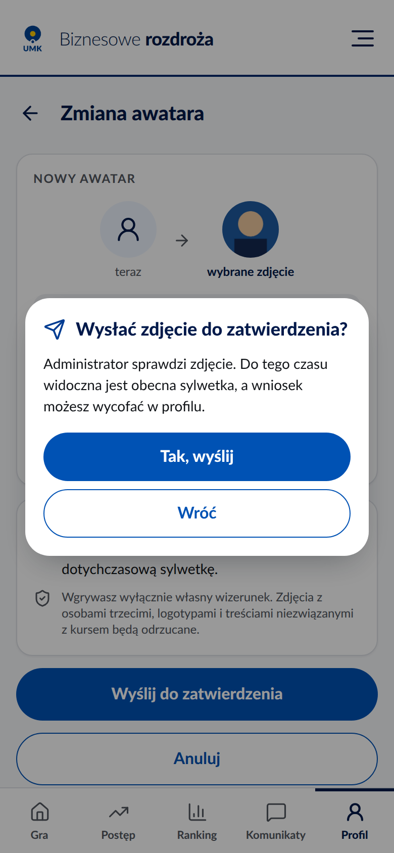 Okno potwierdzenia wysłania zdjęcia
