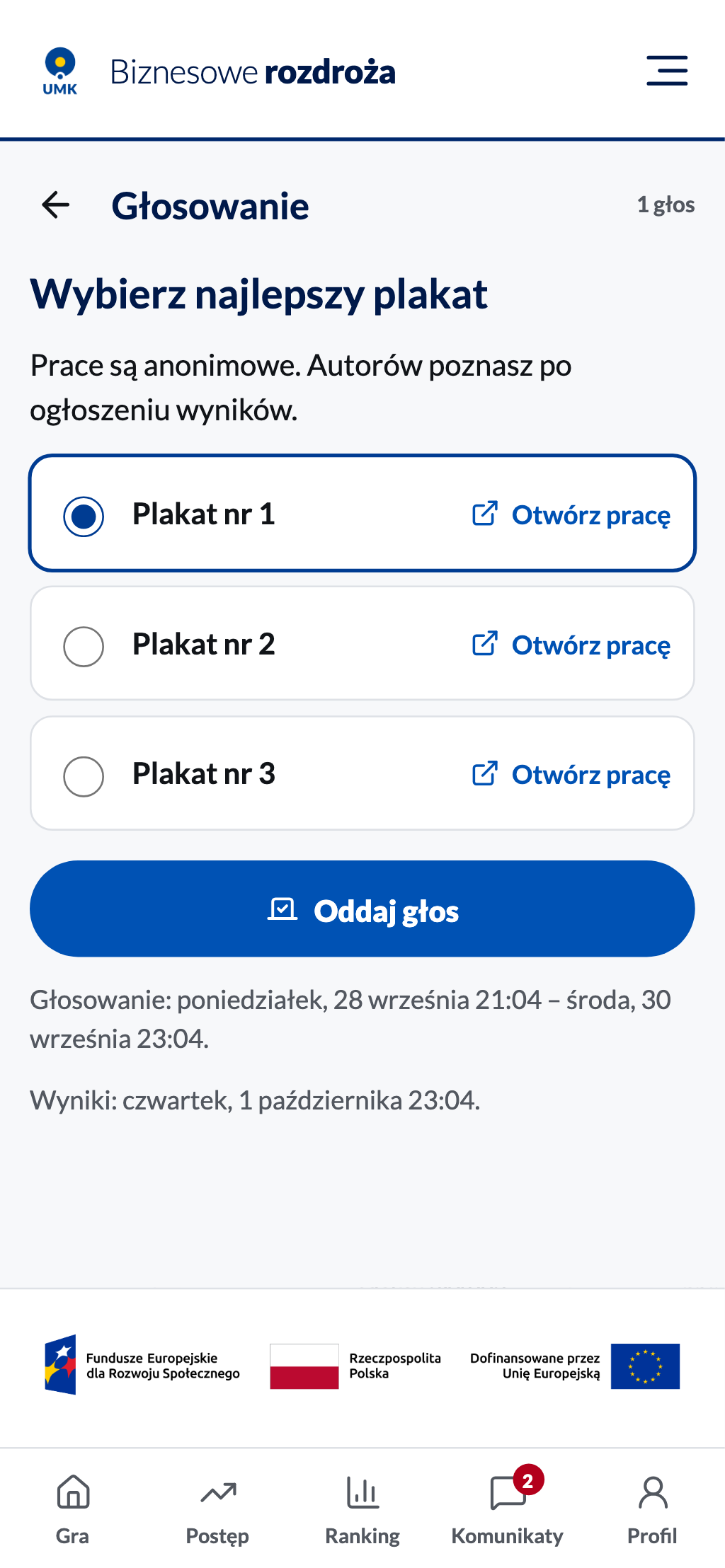 Anonimowa lista prac „Plakat nr N” z jednym głosem