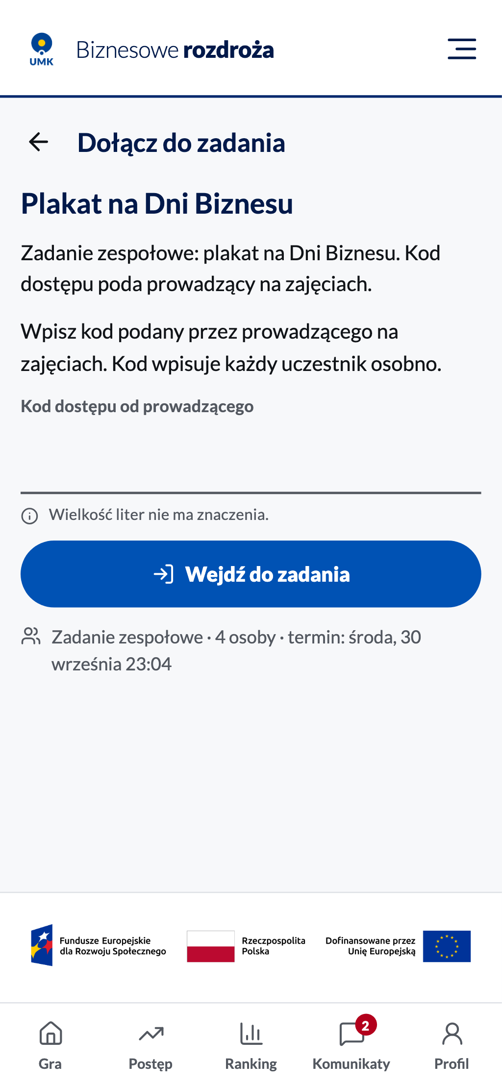 Ekran „Dołącz do zadania” z polem na kod dostępu