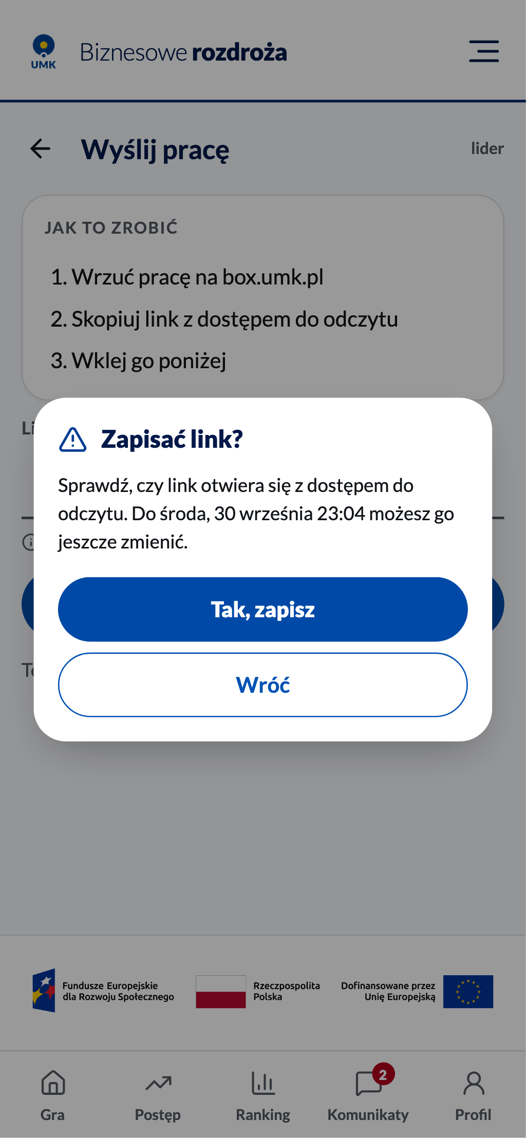 Okno potwierdzenia zapisu linku do pracy