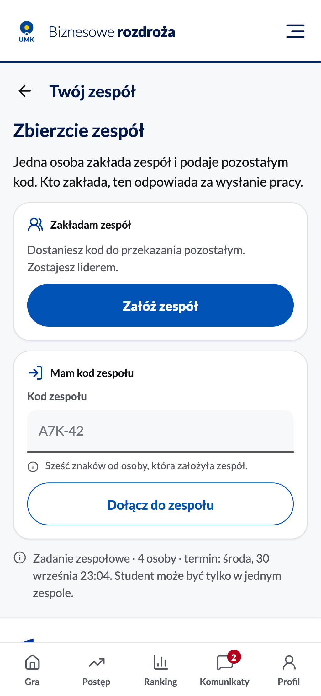 Wybór: założenie zespołu albo dołączenie kodem zespołu