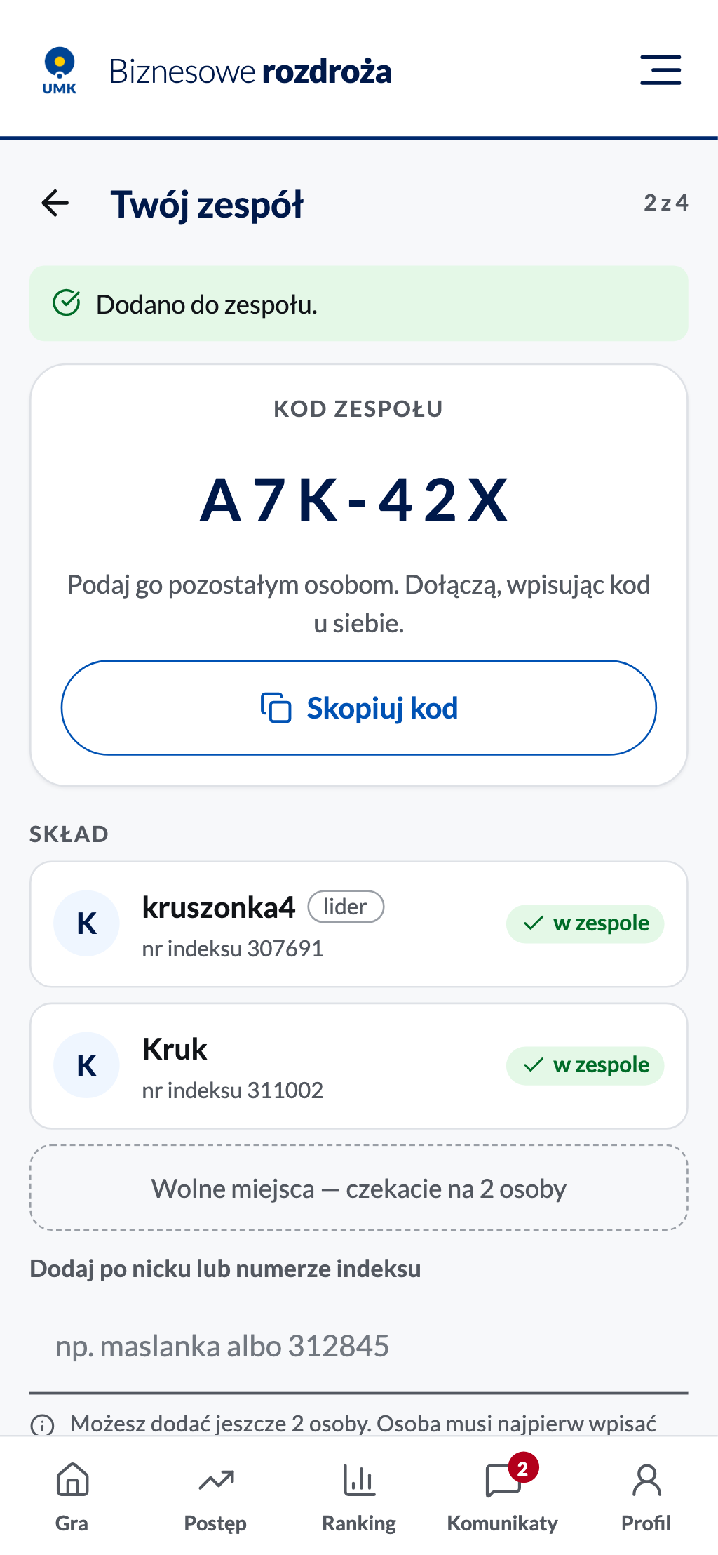 Zespół widziany przez lidera: kod zespołu, skład i dodawanie osób
