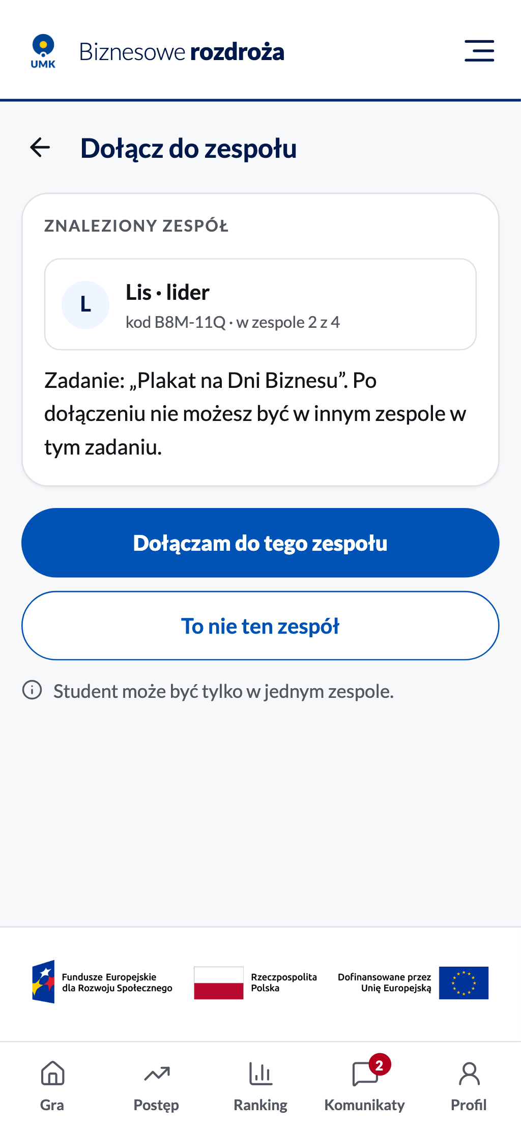 Znaleziony zespół: lider, kod i liczba osób przed dołączeniem