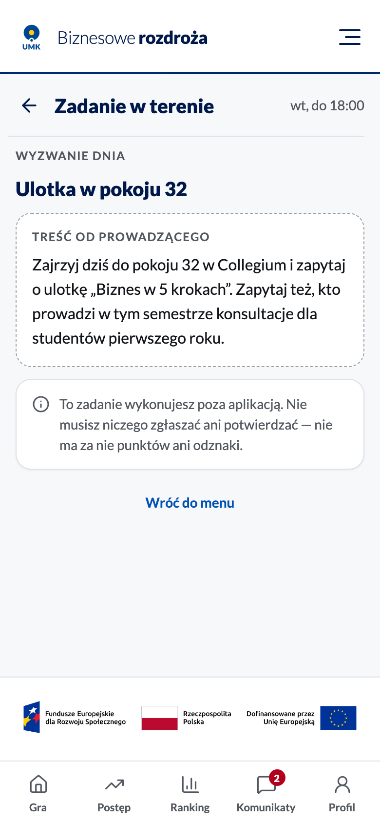 Ekran zadania w terenie: termin, tytuł, treść od prowadzącego i informacja