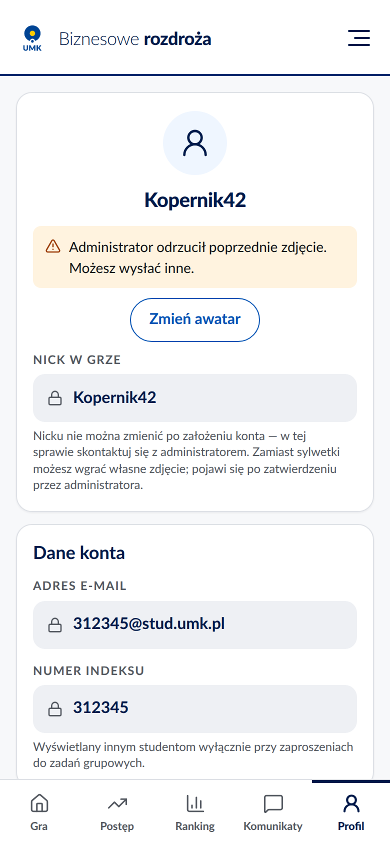 Profil po odrzuceniu zdjęcia