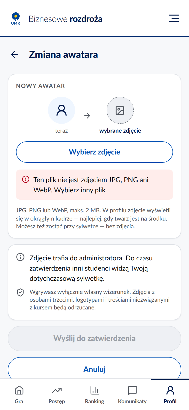Komunikat o pliku, który nie jest zdjęciem