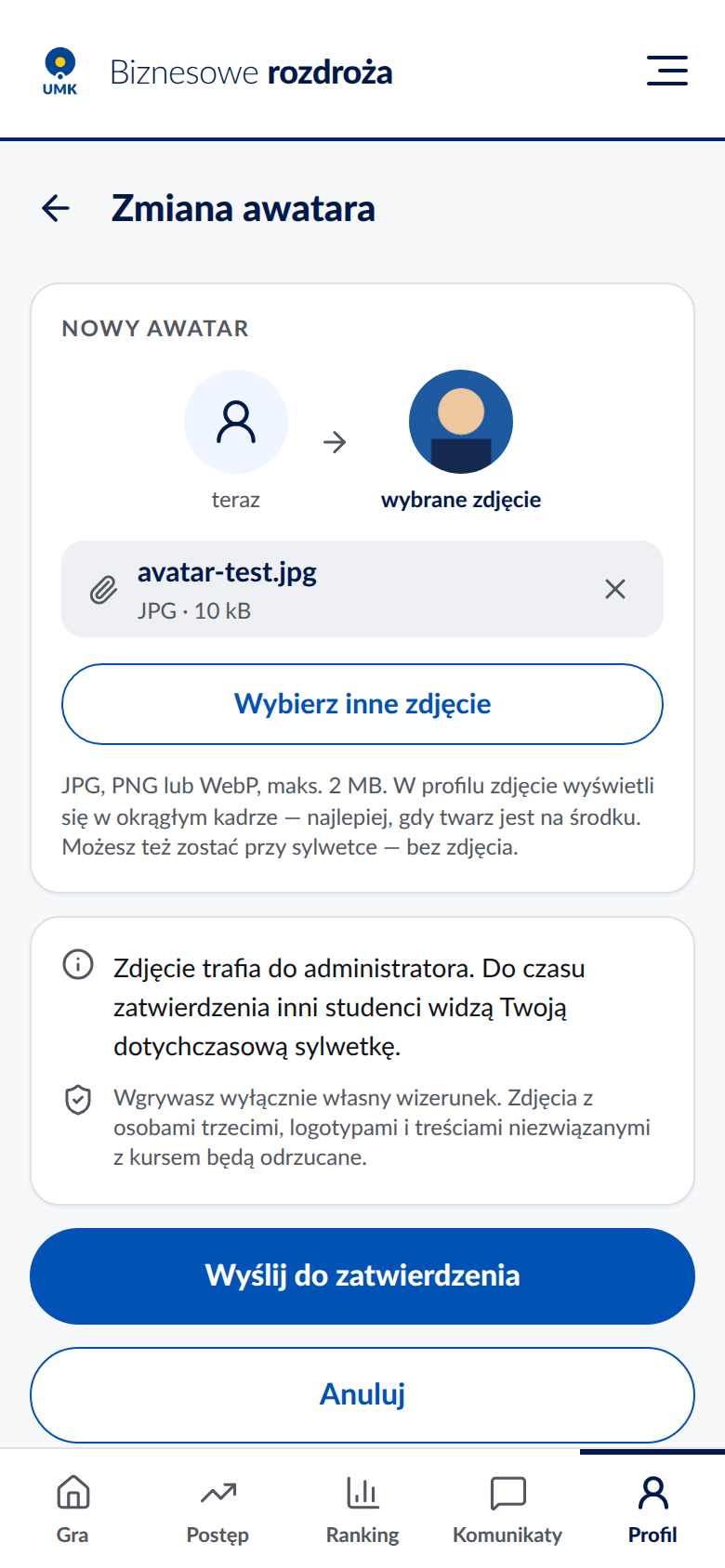 Ekran zmiany awatara z podglądem wybranego zdjęcia